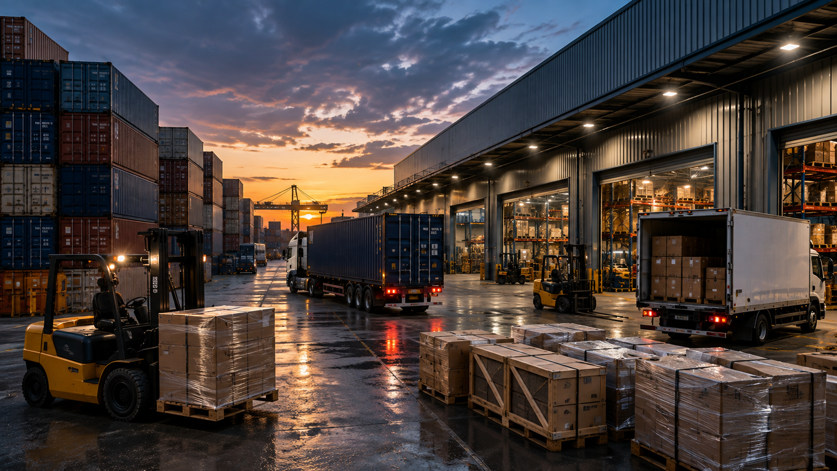 Containers and forklift